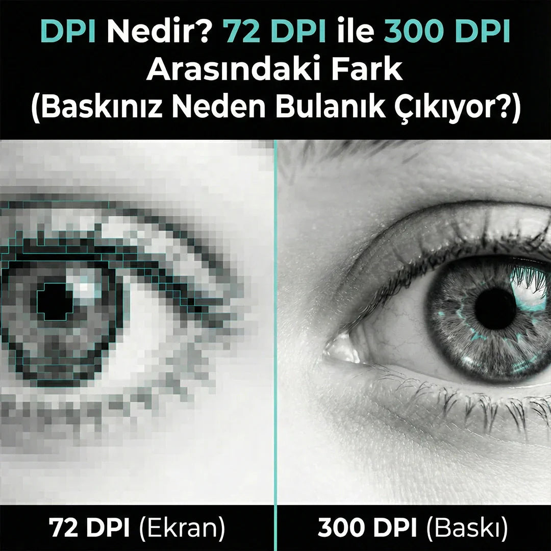 Düşük çözünürlüklü 72 dpi ve yüksek çözünürlüklü 300 dpi etiket baskı karşılaştırması